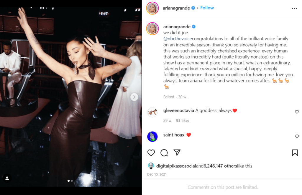 Exemplo de postagem no Instagram - Celebridades - Ariana Grande