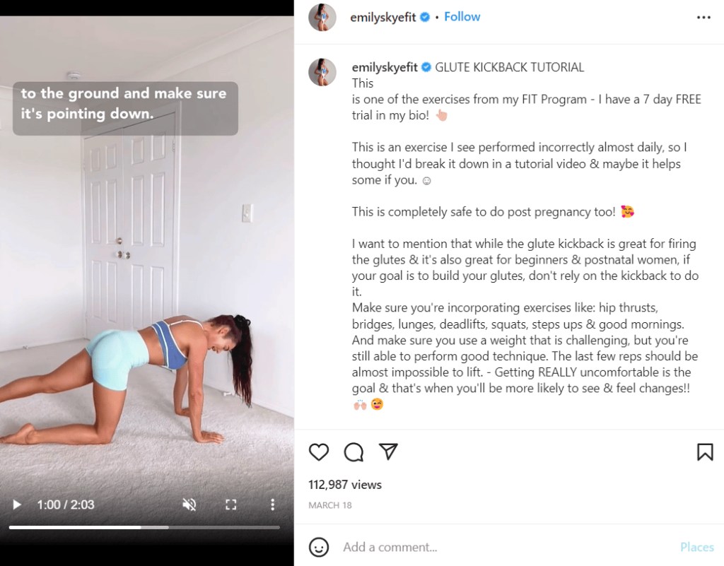 Esempio di post su Instagram - Fitness - Emily Skye
