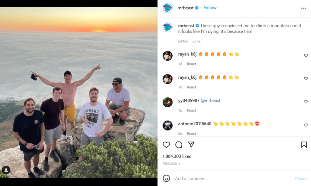 Ejemplo de publicación de Instagram - Influencers - Mr Beast