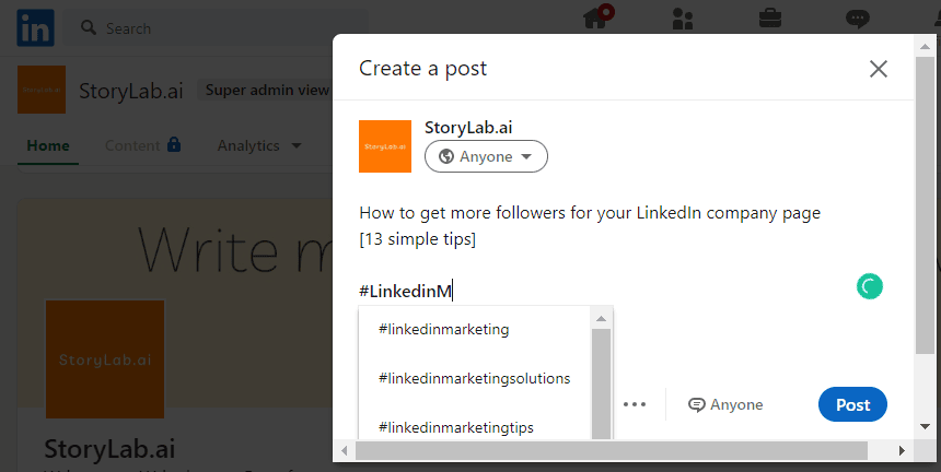 LinkedIn ajudando a encontrar as hashtags certas