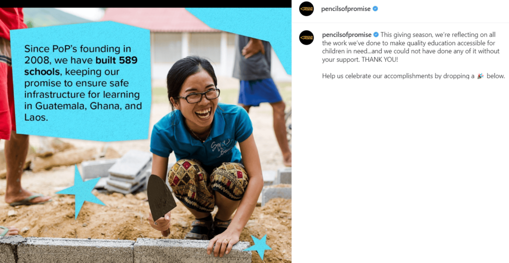 Exemplos de postagem no Instagram para organizações sem fins lucrativos - Pencils of Promise