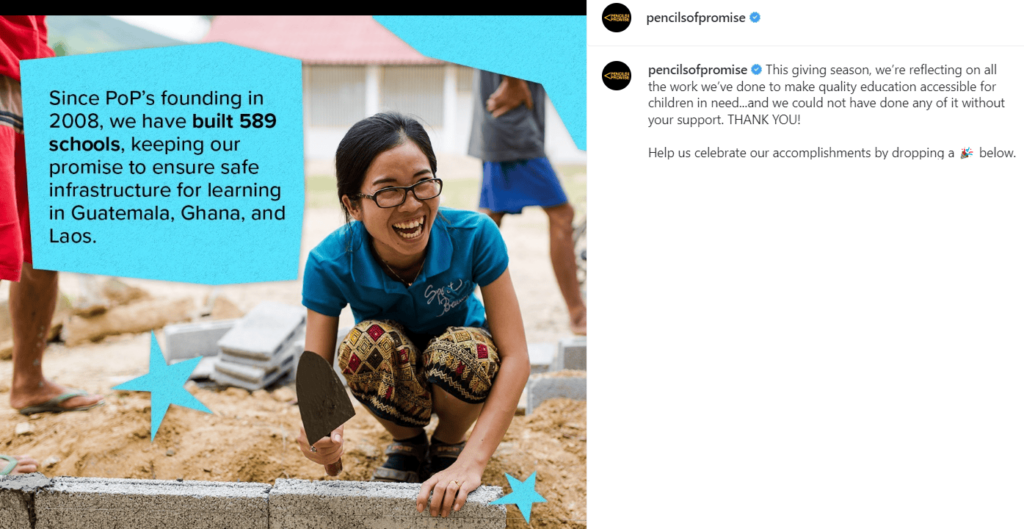 Ejemplos de publicaciones de Instagram sin fines de lucro - Pencils of Promise