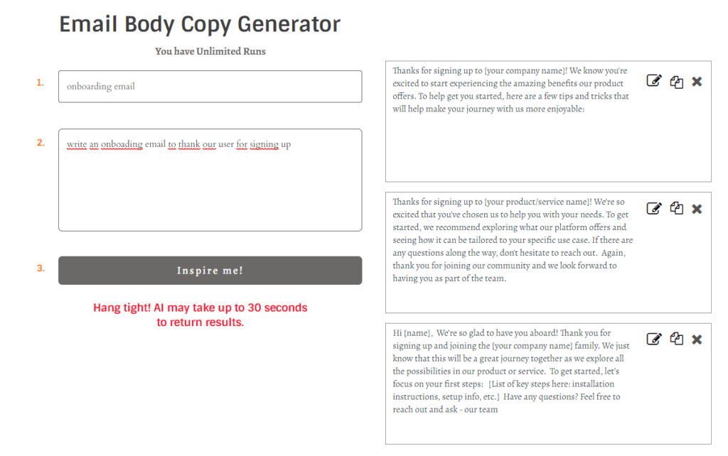 Onboarding Email Example Created with AI Email Copy Generator