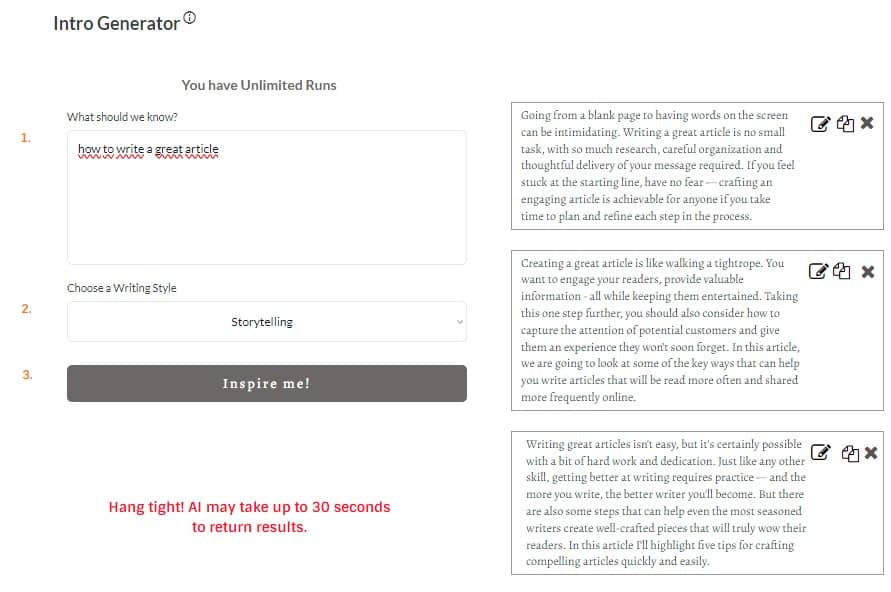 Risultati di esempio del generatore di introduzioni del blog AI