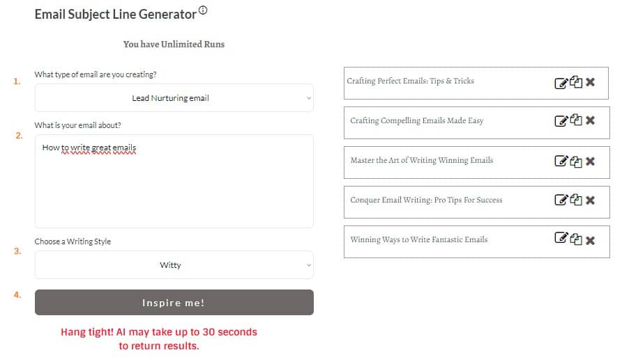 AI Email Subject Line Generator Example Outputs