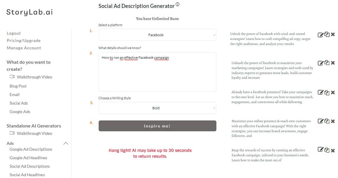 Saídas de exemplo do AI Facebook Ad Copy Generator