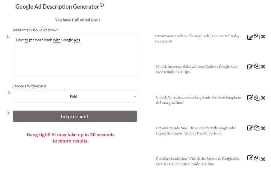 AI Google Ad Description Generator Voorbeelduitvoer