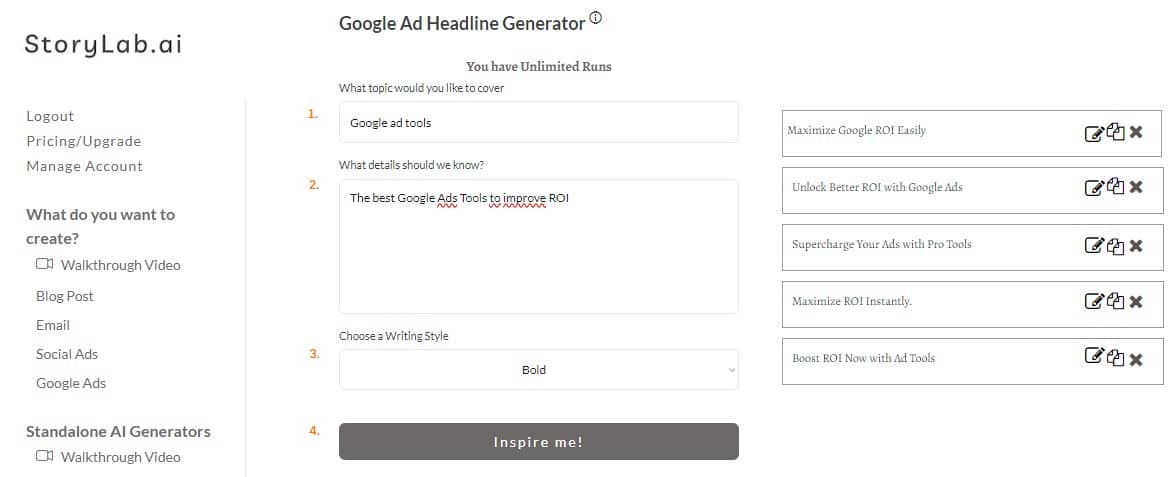 AI Google Ad Headline Generator example outputs