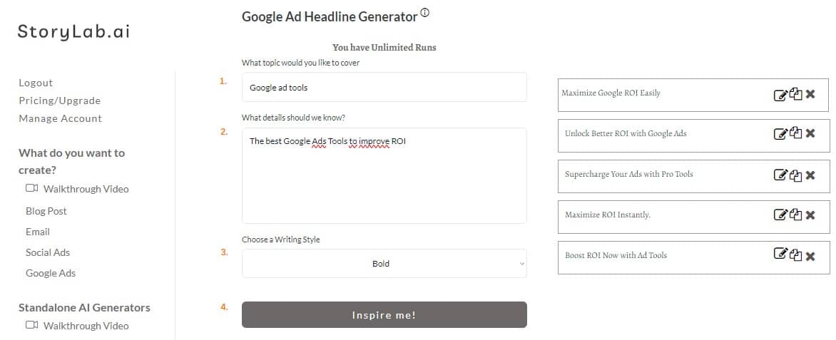 Saídas de exemplo do AI Google Ad Headline Generator