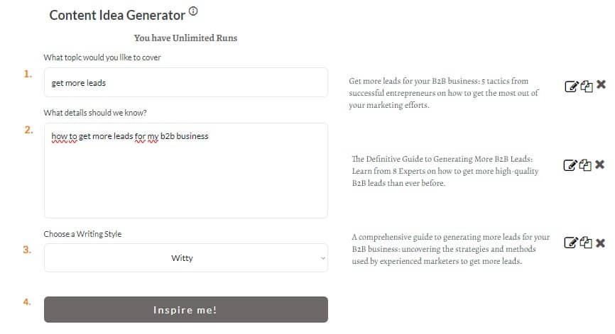 Output di esempio del generatore di idee di contenuto AI