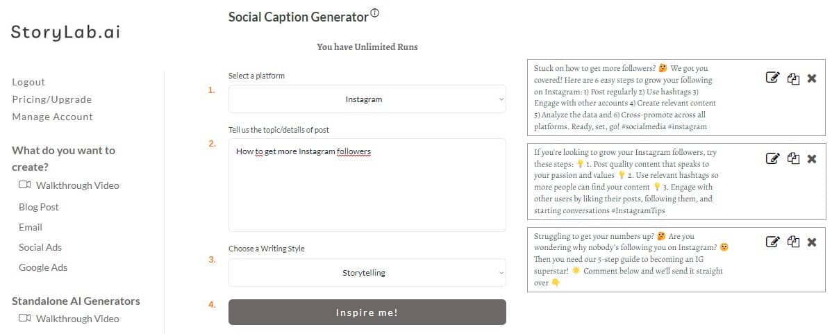 Example AI Instagram caption generator outputs