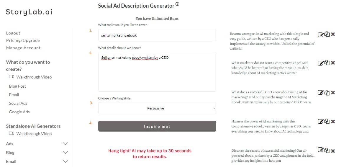 Example ai Twitter ad copy generator outputs