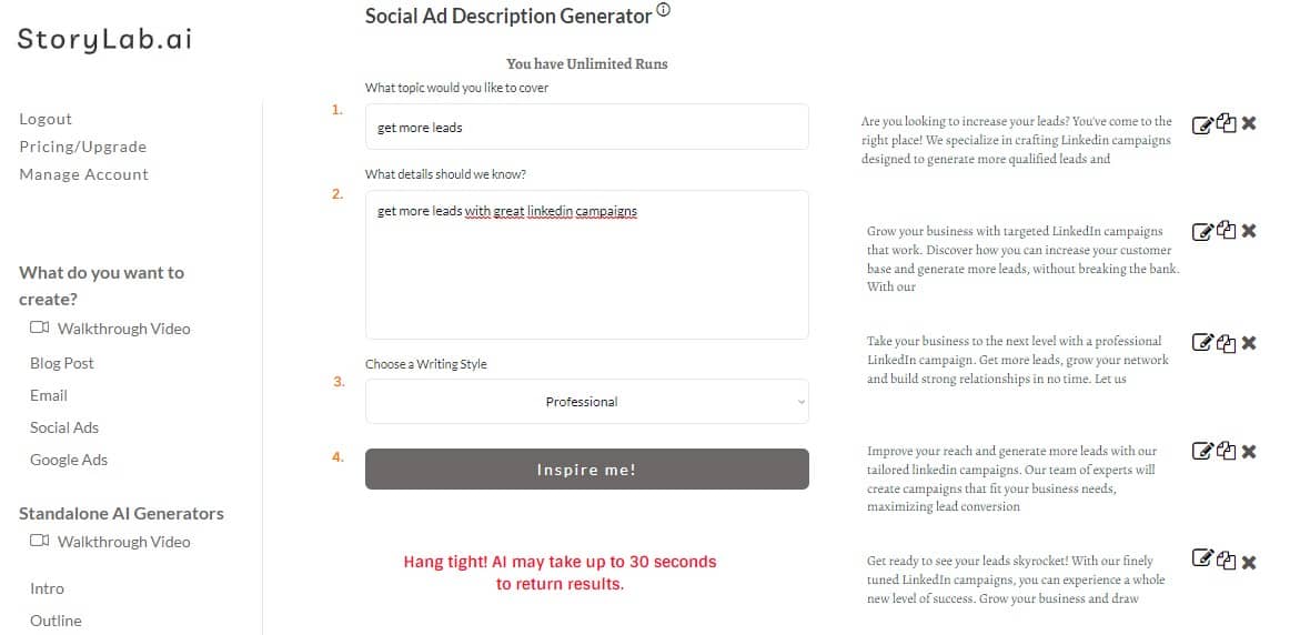 Example ai social media ad copy generator outputs