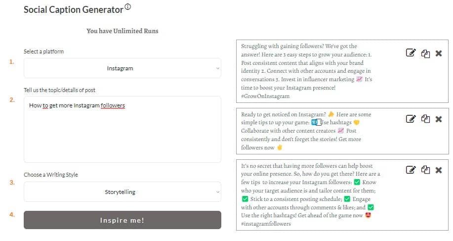 Example online AI Instagram caption generator tool