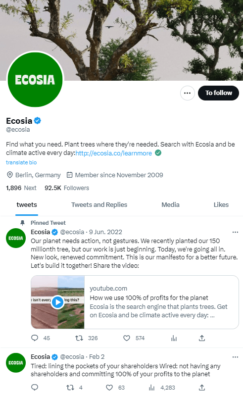 Gran Ejemplo de Perfil de Twitter - Ecosia