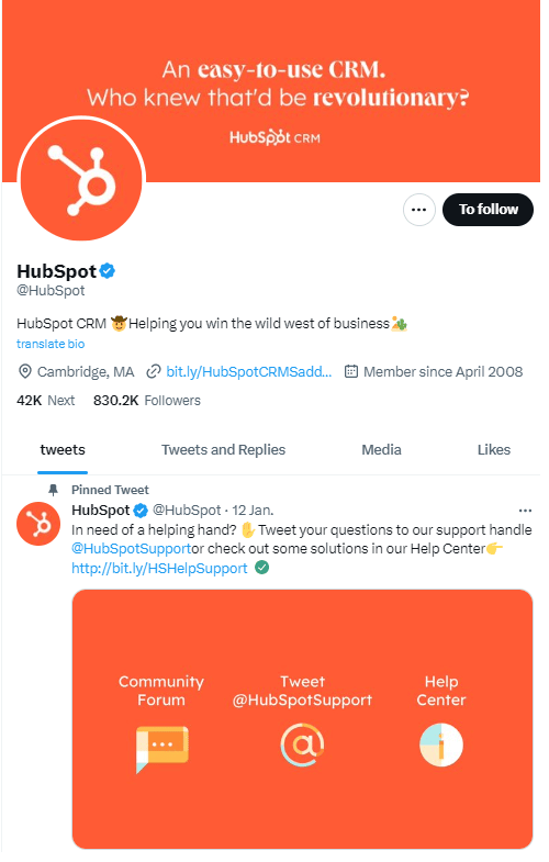 Ótimo exemplo de perfil do Twitter - HubSpot