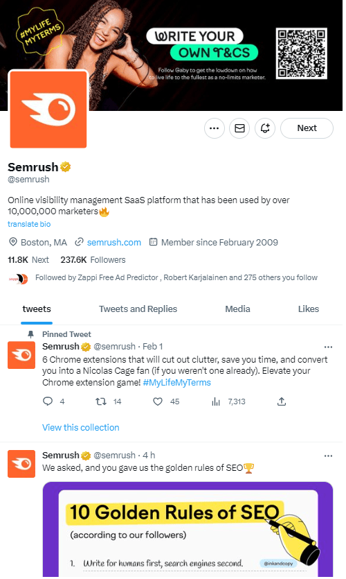 Excellent exemple de profil Twitter - Semrush