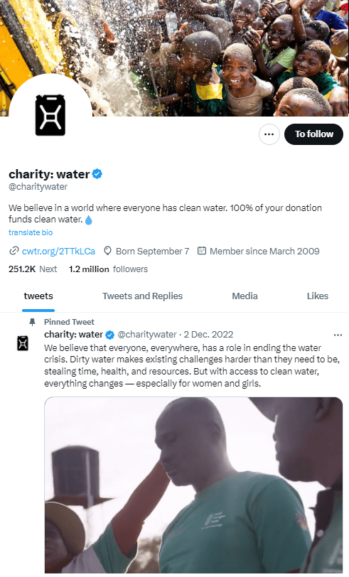 Great Twitter Profle Example - charity water