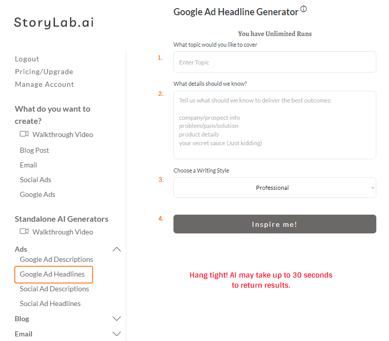 Sélectionnez Générateur de titres AI Google Ad