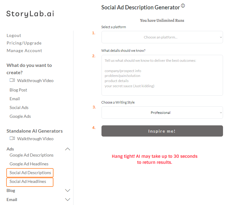 Selecione o gerador de cópia de anúncio de mídia social AI