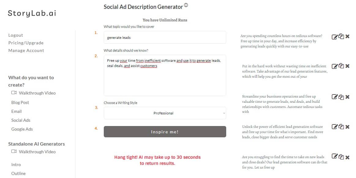 ab test LinkedIn ad with AI - social media ad copy generator example