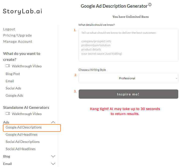 selecione o gerador de descrição de anúncios ai google