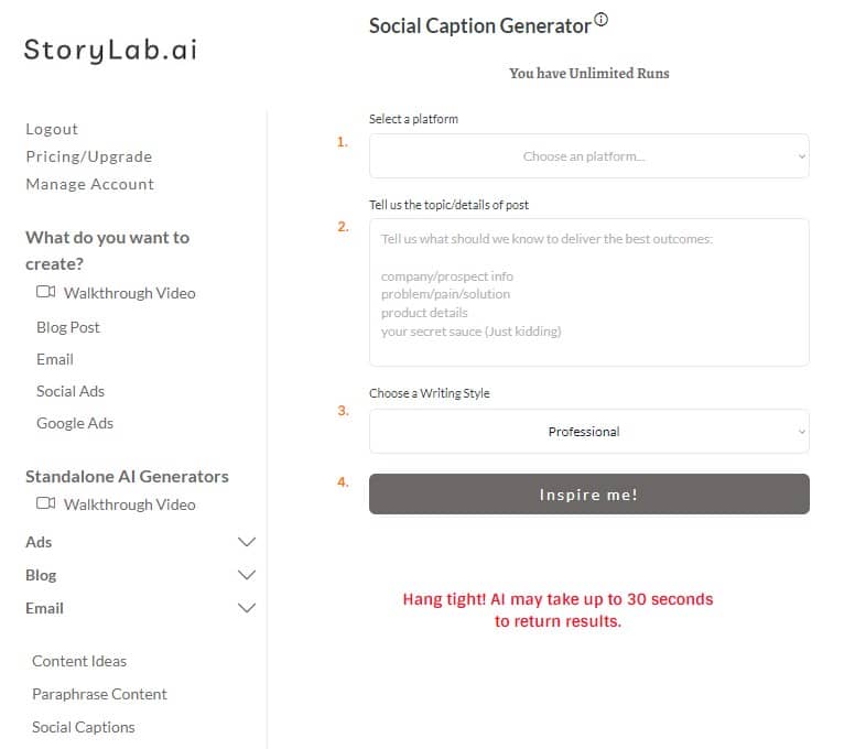 select social media caption generator to find instagram ai generator tool