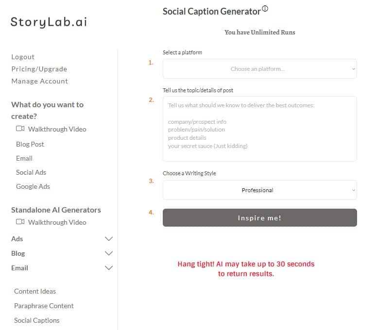 sélectionnez le générateur de légendes de médias sociaux pour trouver l'outil générateur d'instagram ai