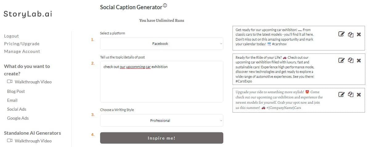 Idee per i contenuti dei social media automobilistici - Esempio di generatore di didascalie Facebook AI
