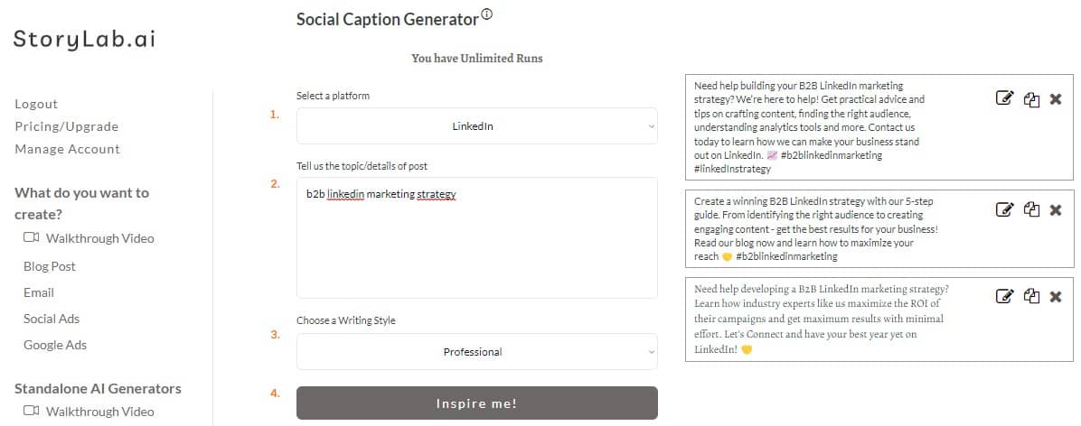 B2B Social Media Content Ideas - AI LinkedIn Caption Generator Example