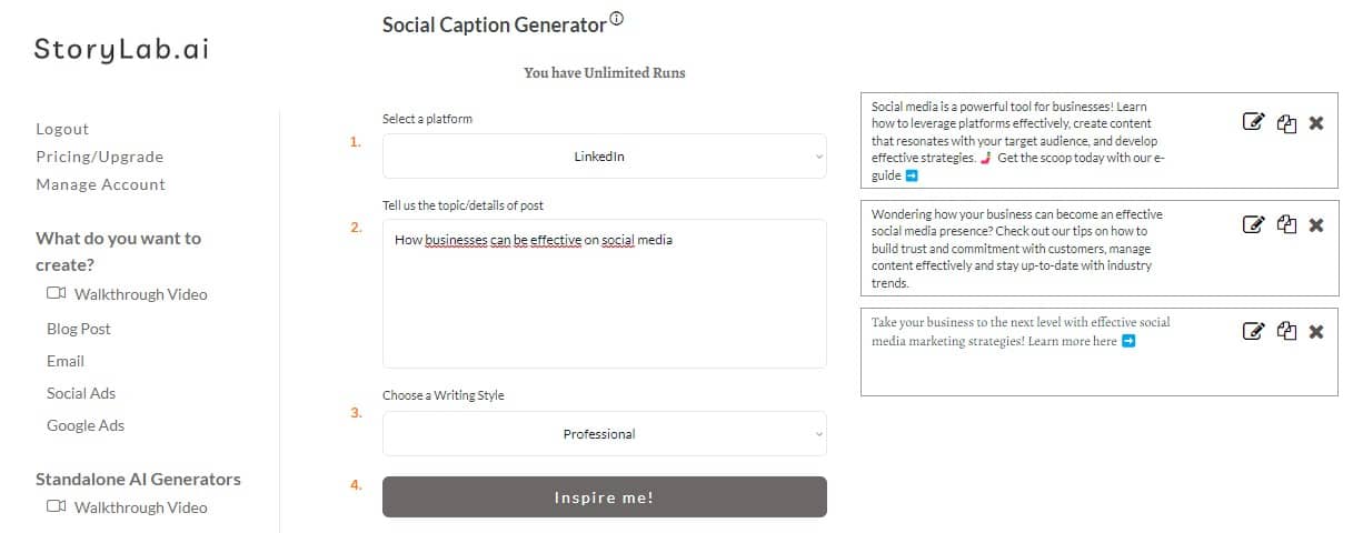 Business Social Media Content Ideas - AI Linkedn Caption Generator Example