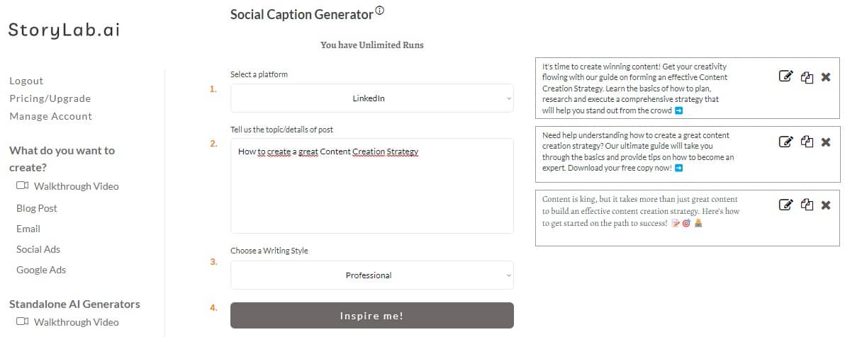 Strategie voor het maken van inhoud - AI LinkedIn Caption Generator Voorbeeld