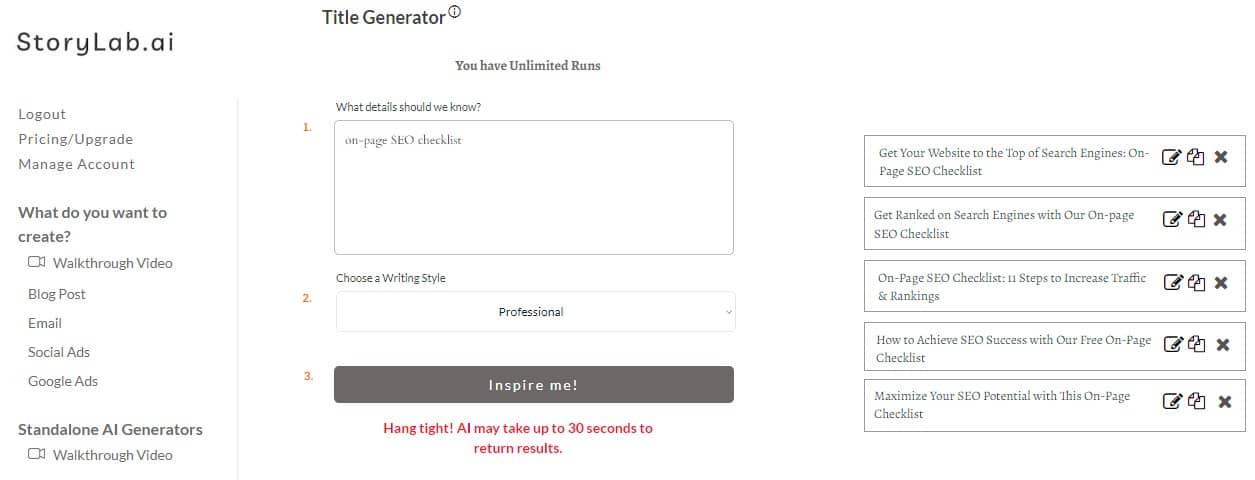 On-Page SEO Checklist - AI Blog Title Generator Example