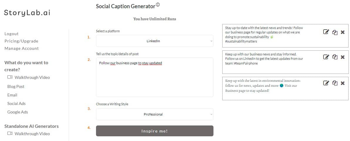 Zakelijk LinkedIn Content-Ideas AI LinkedIn Caption Generator Voorbeeld