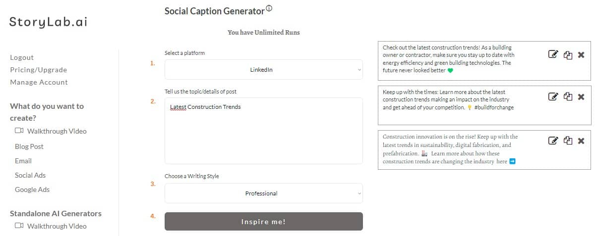 Construction LinkedIn Content-Ideas AI LinkedIn Caption Generator Example