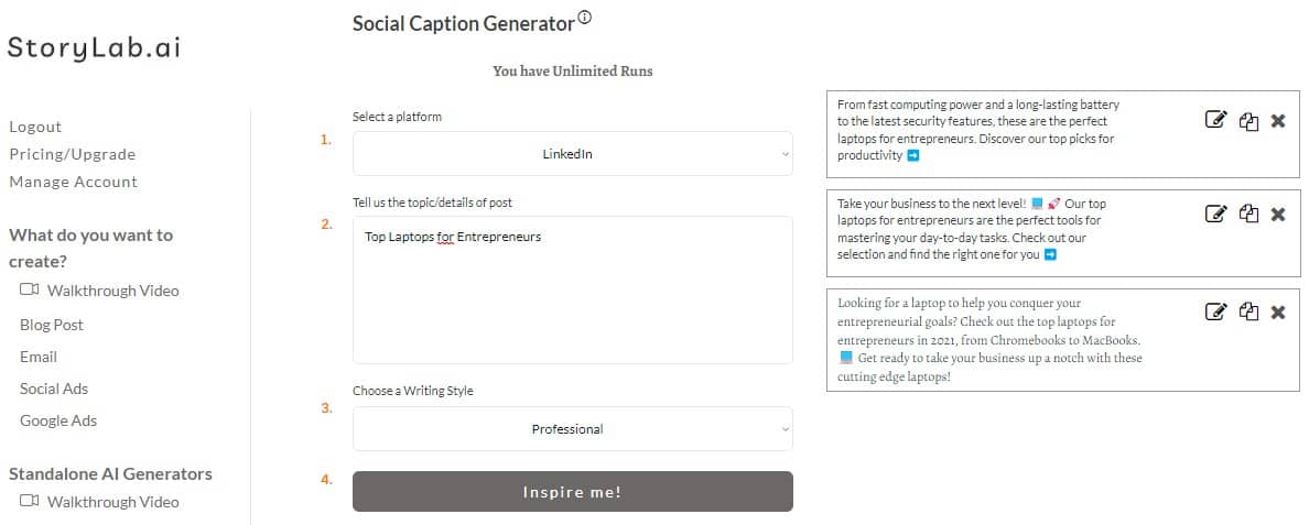 E-Comemrce LinkedIn Content-Ideas AI LinkedIn Caption Generator Voorbeeld