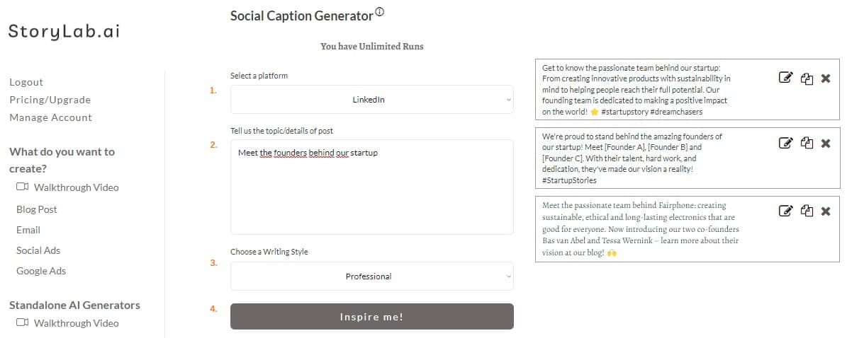 Startup LinkedIn Content-Ideas AI LinkedIn Caption Generator Example