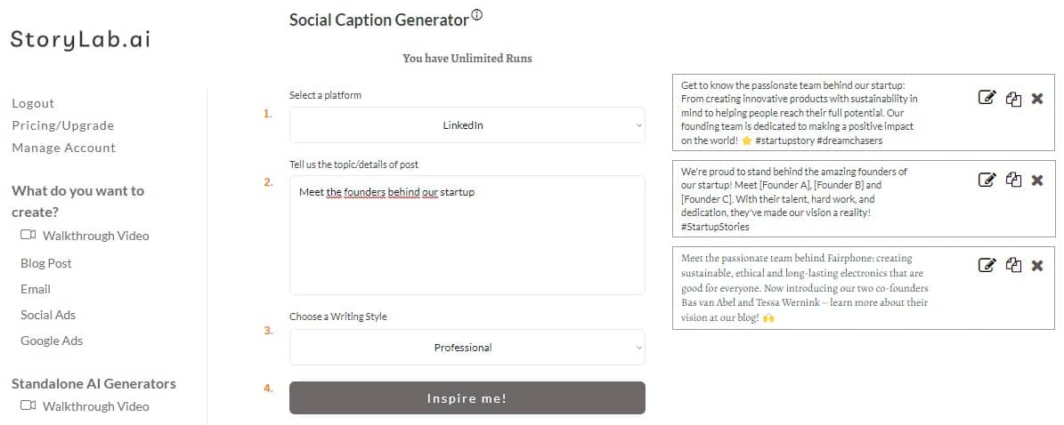 Opstarten LinkedIn Content-Ideas AI LinkedIn Caption Generator Voorbeeld