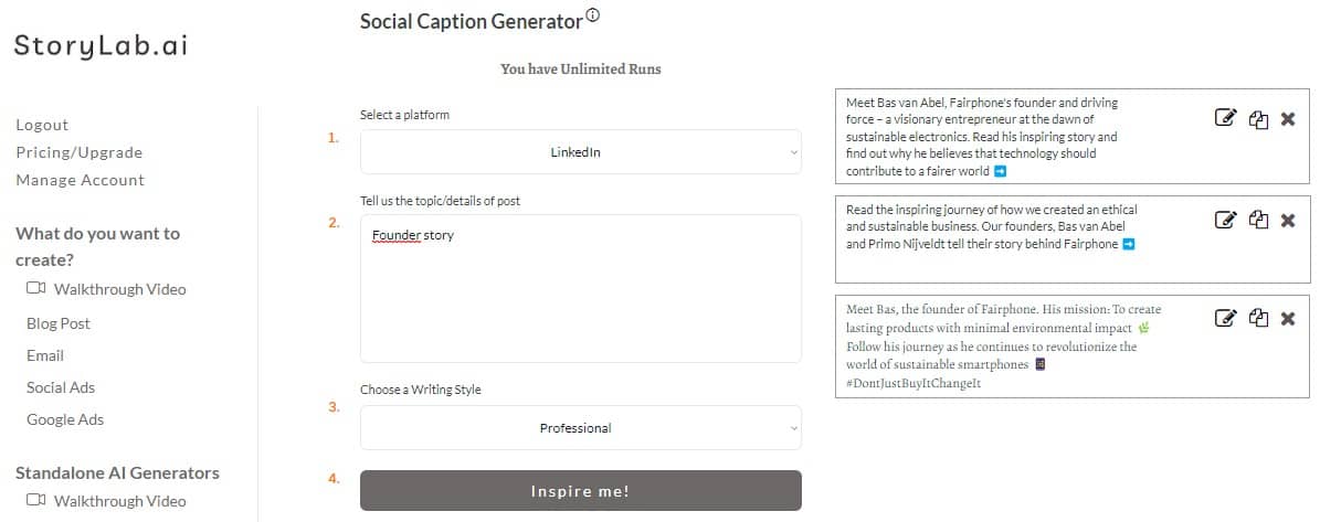 Startup Social Media Content-Ideas AI LinkedIn Caption Generator Voorbeeld