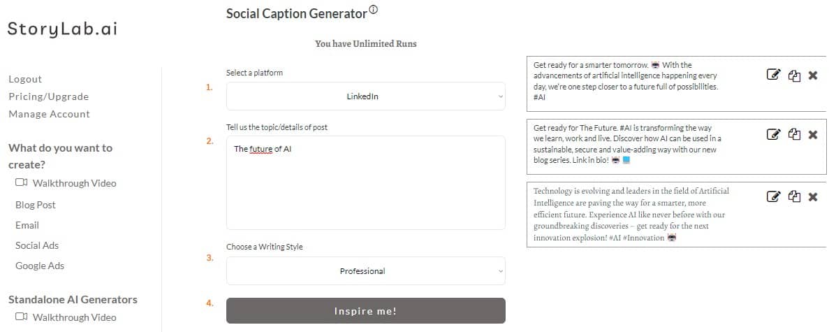 Tecnologia LinkedIn Content-Ideas AI LinkedIn Caption Generator Esempio