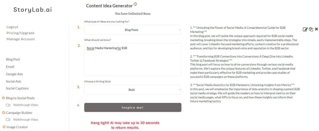 Voorbeeld van een AI-blogpost-ideegenerator