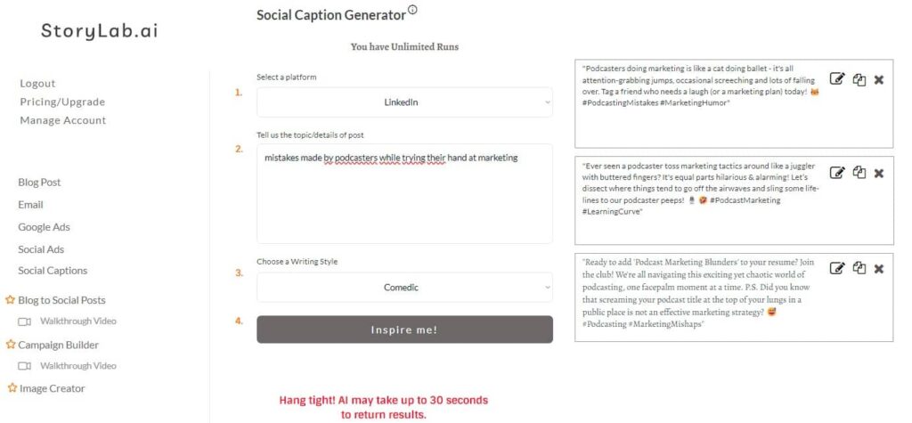 AI LinkedIn Caption Generator to promote Podcast Example