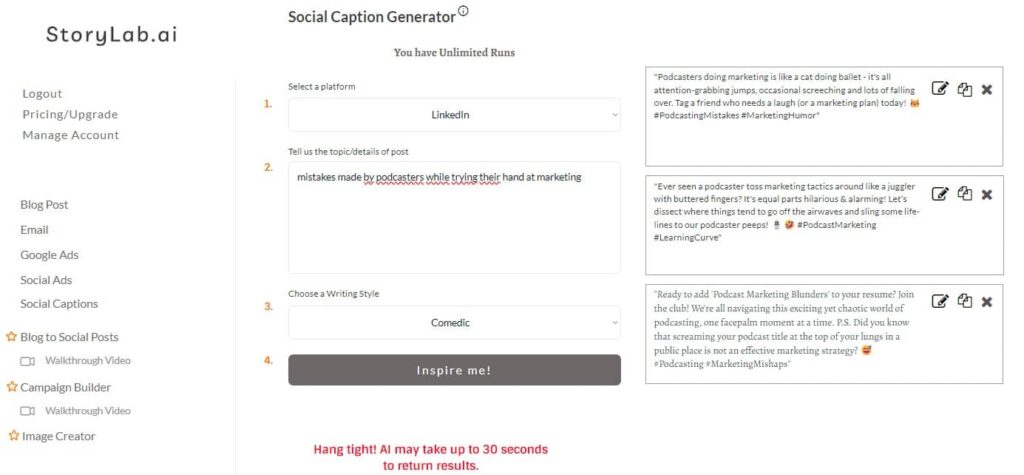 AI LinkedIn Caption Generator om Podcast-voorbeeld te promoten