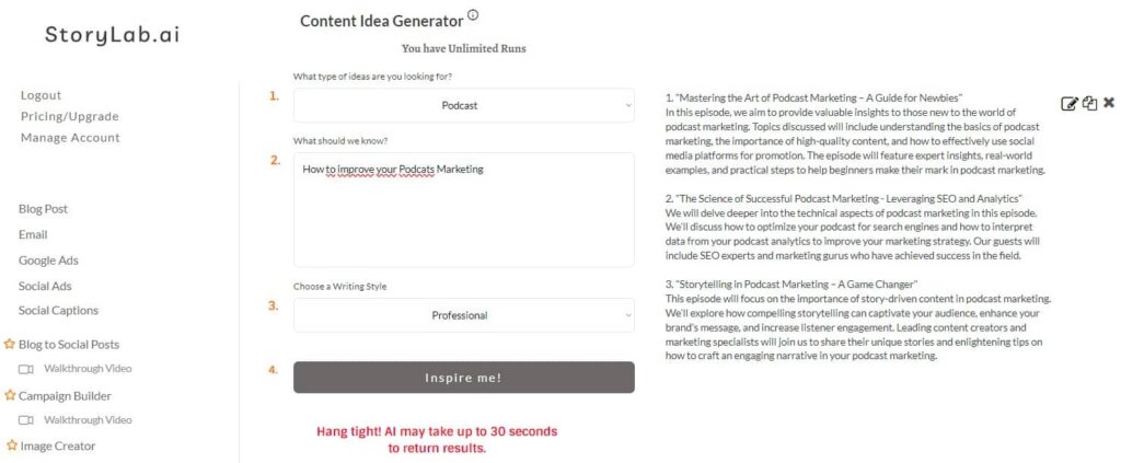 AI Podcast Idea Generator Output Example