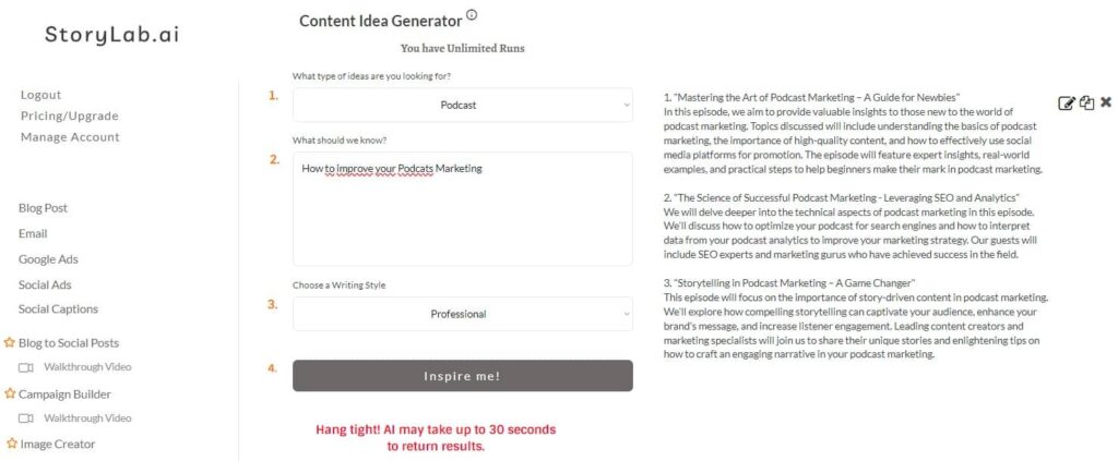 Esempio di output del generatore di idee per podcast AI