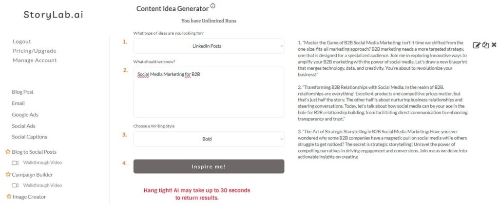 AI Social Media Idea Generator Output Example