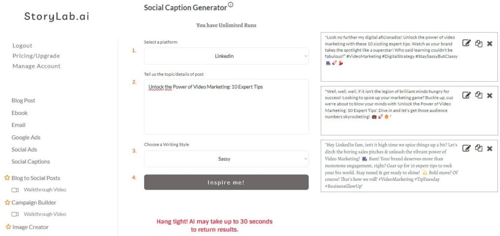 AI Social Media Caption Generator Output Example Improve Video Marketing AI