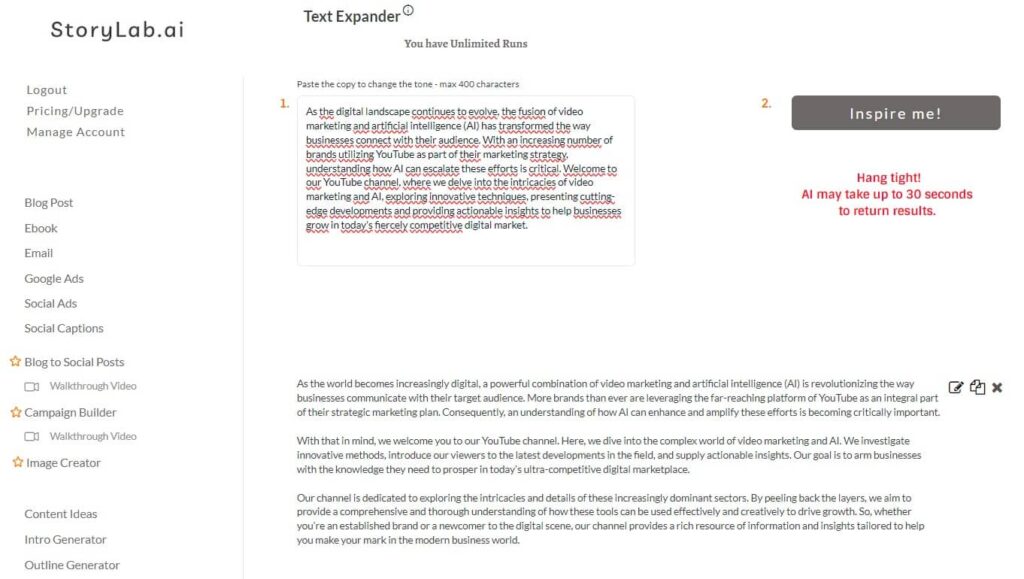 AI Text Expander YouTube Channel Description Generator Output Example