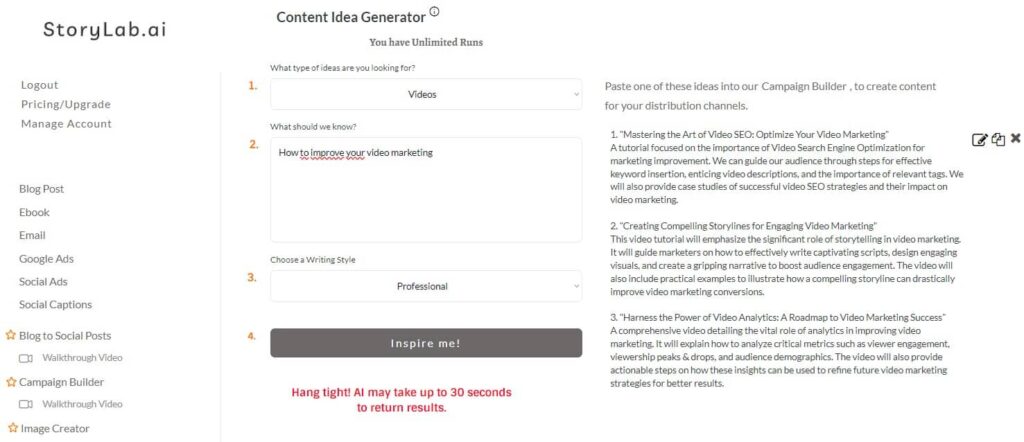 AI YouTube Video Idea Generator Output Example Improve Video Marketing AI