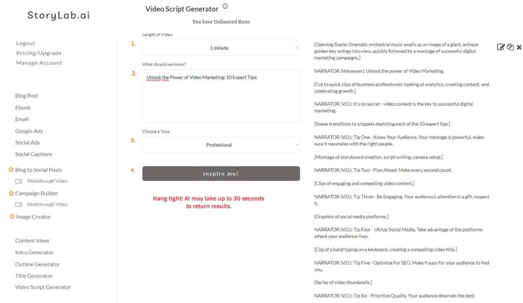 Esempio di output del generatore di script video AI YouTube Migliora l'intelligenza artificiale del marketing video